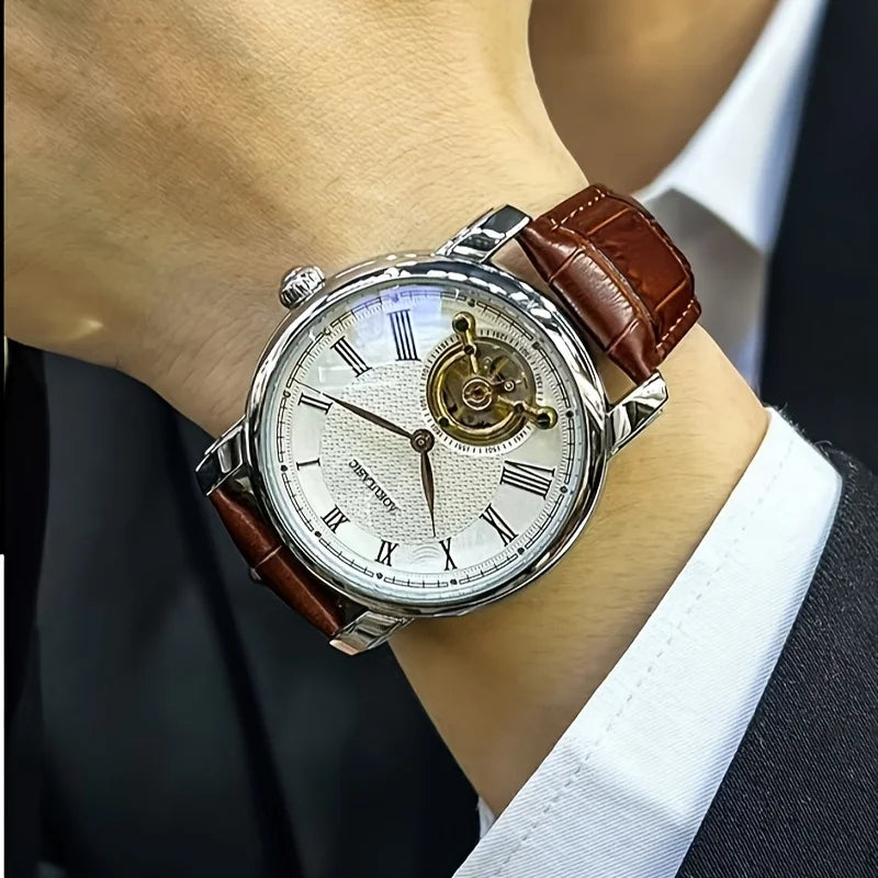 Relógio mecânico automático para homem – Design esqueleto elegante, estilo «business casual» na moda, caixa em liga metálica e bracelete em pele, sem pilha