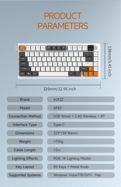 Tastiera AJAZZ AF82 Office a basso profilo RGB cablata/wireless gaming, layout 75% 82 tasti, batteria 4000mAh per Win/Mac