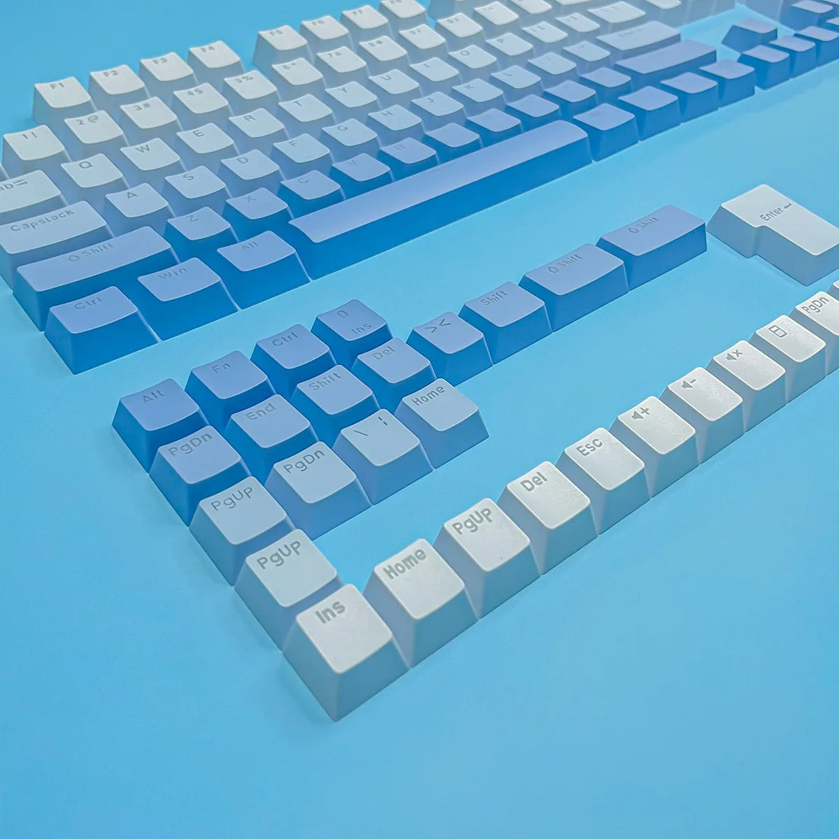 RGB-Gamer-Tastenkappen mit Farbverlauf-Hintergrundbeleuchtung für mechanische Tastaturen mit MX-Switches, OEM-Profil, PBT-Keycaps, Weiß/Blau, ISO-Layout, DIY-Tastenkappen