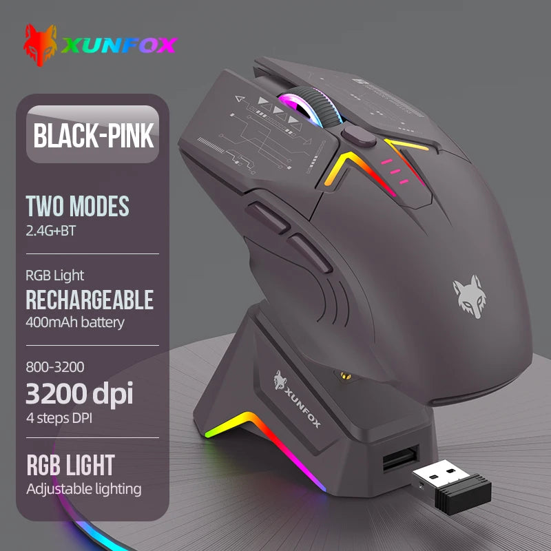 Rato XUNSVFOX H2 sem fios Bluetooth de modo duplo, iluminação RGB, para portátil, gaming e escritório, com carregamento magnético
