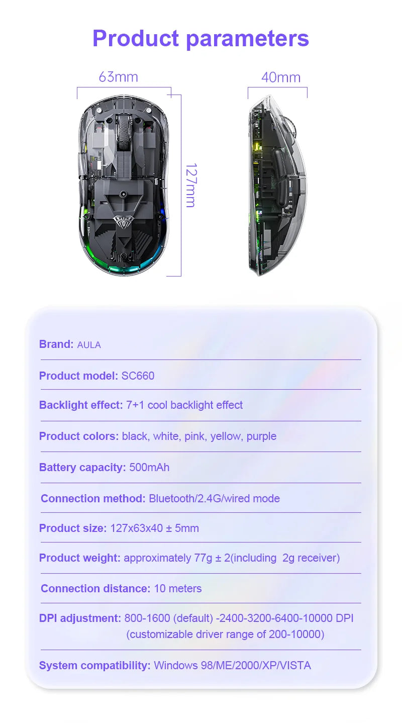 AULA SC660 kabellose Bluetooth-Maus, E-Sports-Maus mit Drei-Modus-Verbindung, leichte Maus, Type-C-Aufladung, für Gaming, Büro, Mädchen und Jungen