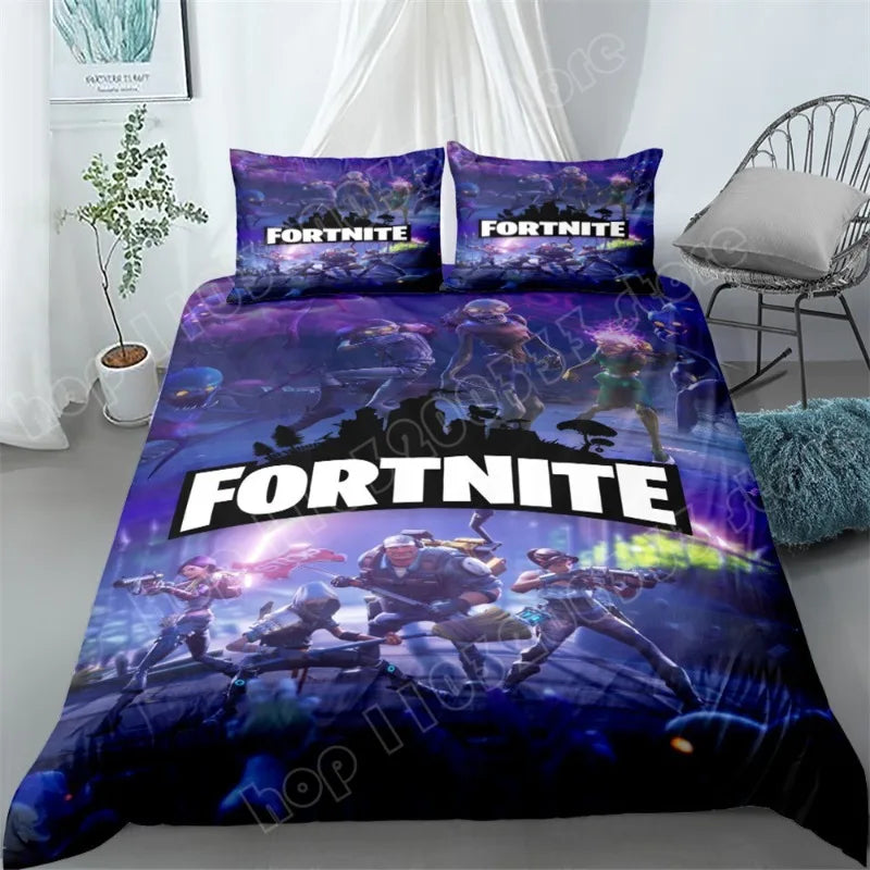 Fortnite-Bettwäsche-Set, 3-teilig, 3D-Druck, Bettwäsche für Schlafzimmer, Gaming-Cartoon-Dekor, Bettbezug und Kissenbezug, Geburtstagsgeschenk