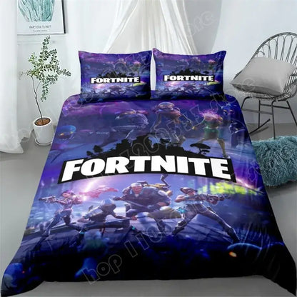 Fortnite-Bettwäsche-Set, 3-teilig, 3D-Druck, Bettwäsche für Schlafzimmer, Gaming-Cartoon-Dekor, Bettbezug und Kissenbezug, Geburtstagsgeschenk