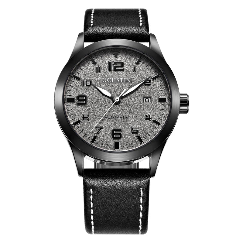 OCHSTIN Mens Fashion Luxury Mechanical Automatic Skeleton Watch Transparent Back Cover Creative Design With Yellow Calendar Dial