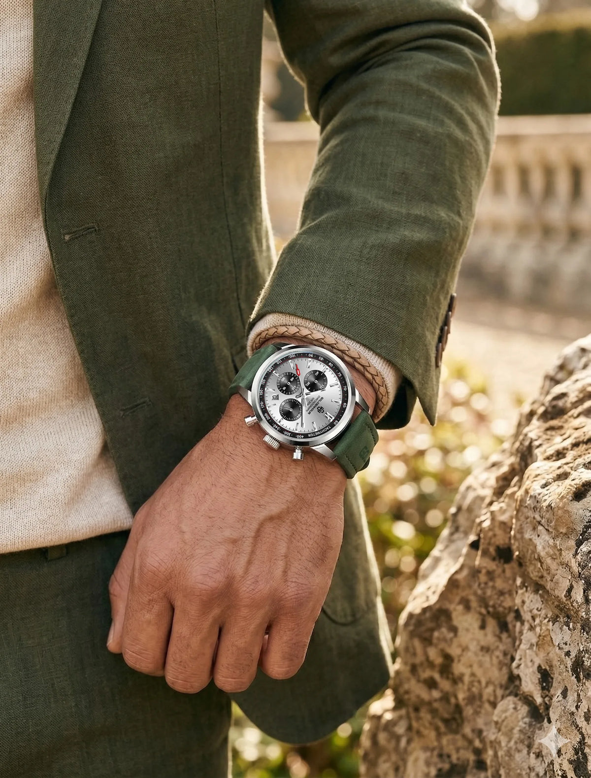 Luxusné pánske hodinky GOLDENHOUR – kremeňový chronograf, zelený ciferník, kožený remienok, vodotesné, luminiscenčné, vojenský a športový štýl