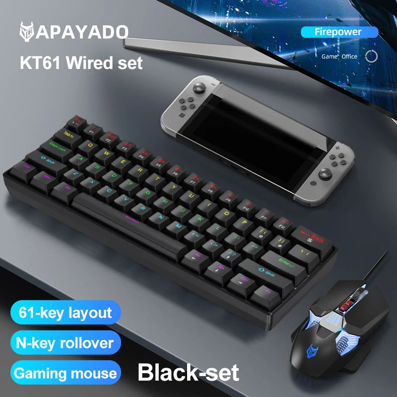 Teclado Mecânico Mini APAYADO K61, Com Fios, 61 Teclas, Phantom RGB, Switch Mecânico Vermelho/Azul Preto/Branco para Gaming, 60% Portátil