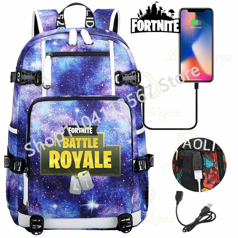 Ultima Knight F-Fortnited Battle Royale Rucksack mit USB-Ladeanschluss, Anime-Figuren und Studienfach für Schreibwaren für Schüler