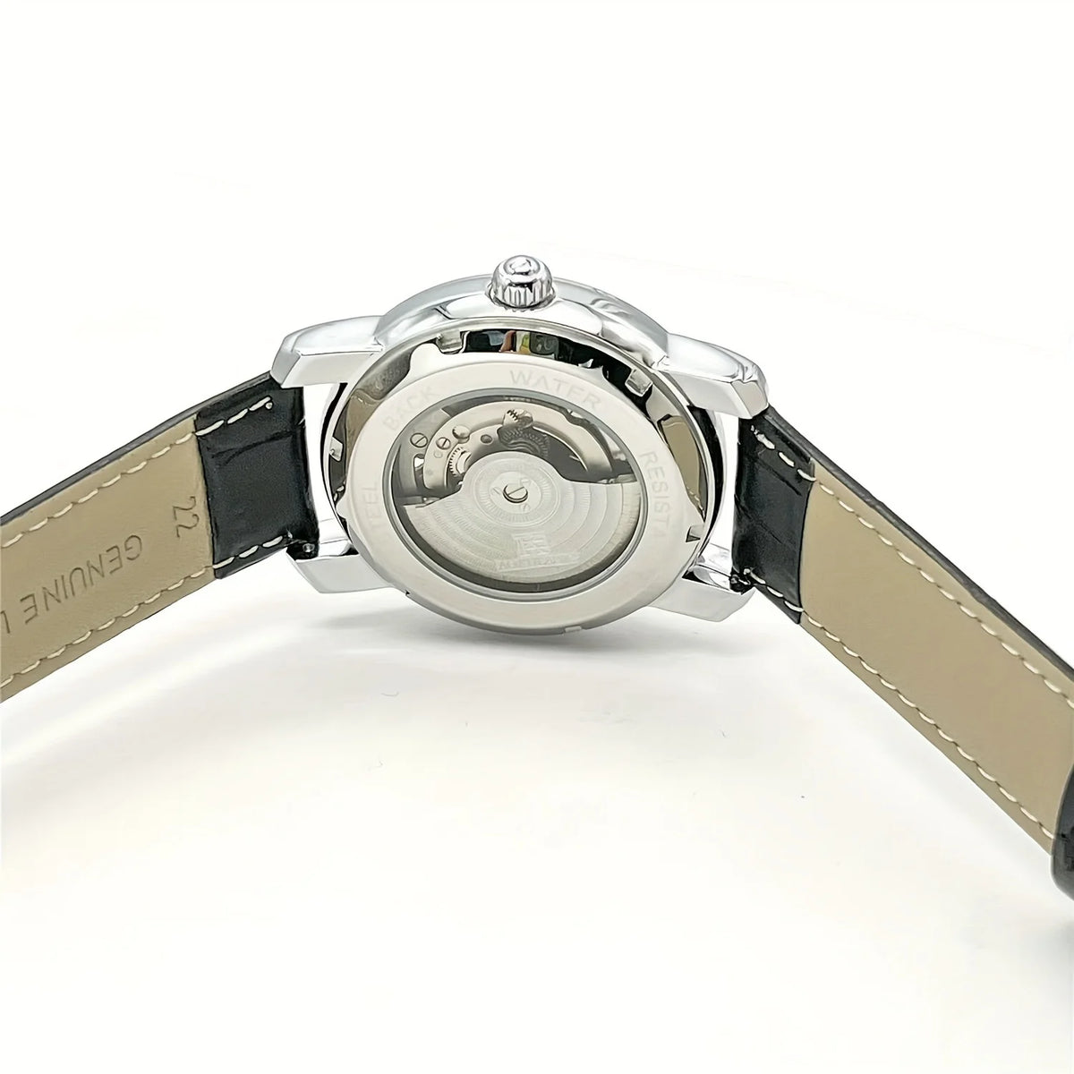 Relógio mecânico automático para homem – Design esqueleto elegante, estilo «business casual» na moda, caixa em liga metálica e bracelete em pele, sem pilha