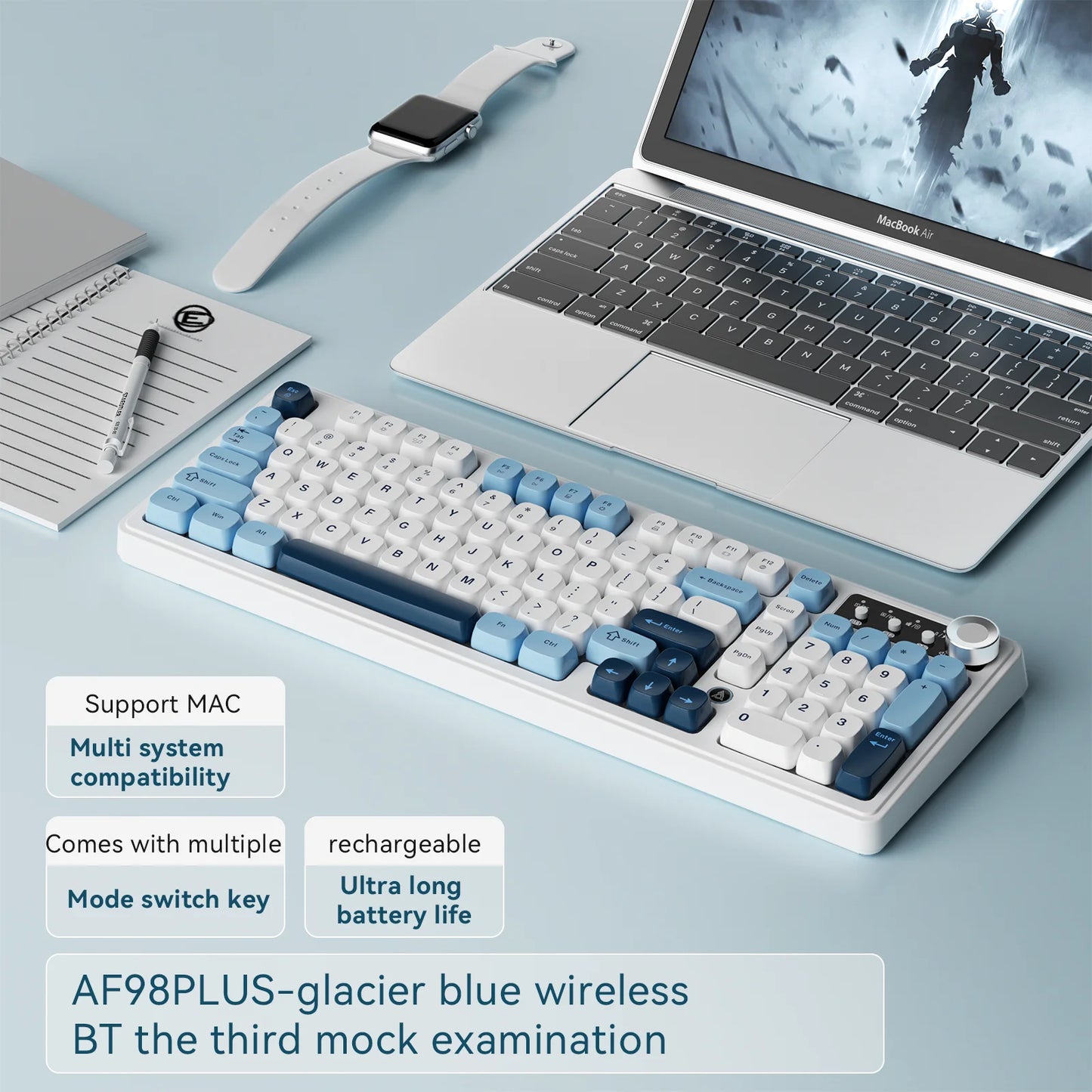 AJAZZ AF98 kabelgebundene/kabellose Tastatur mit mechanischem Tippgefühl, für das Büro, lange Akkulaufzeit, drei Modi, RGB-Mischbeleuchtung, ABS-Tastenkappen, ergonomisch