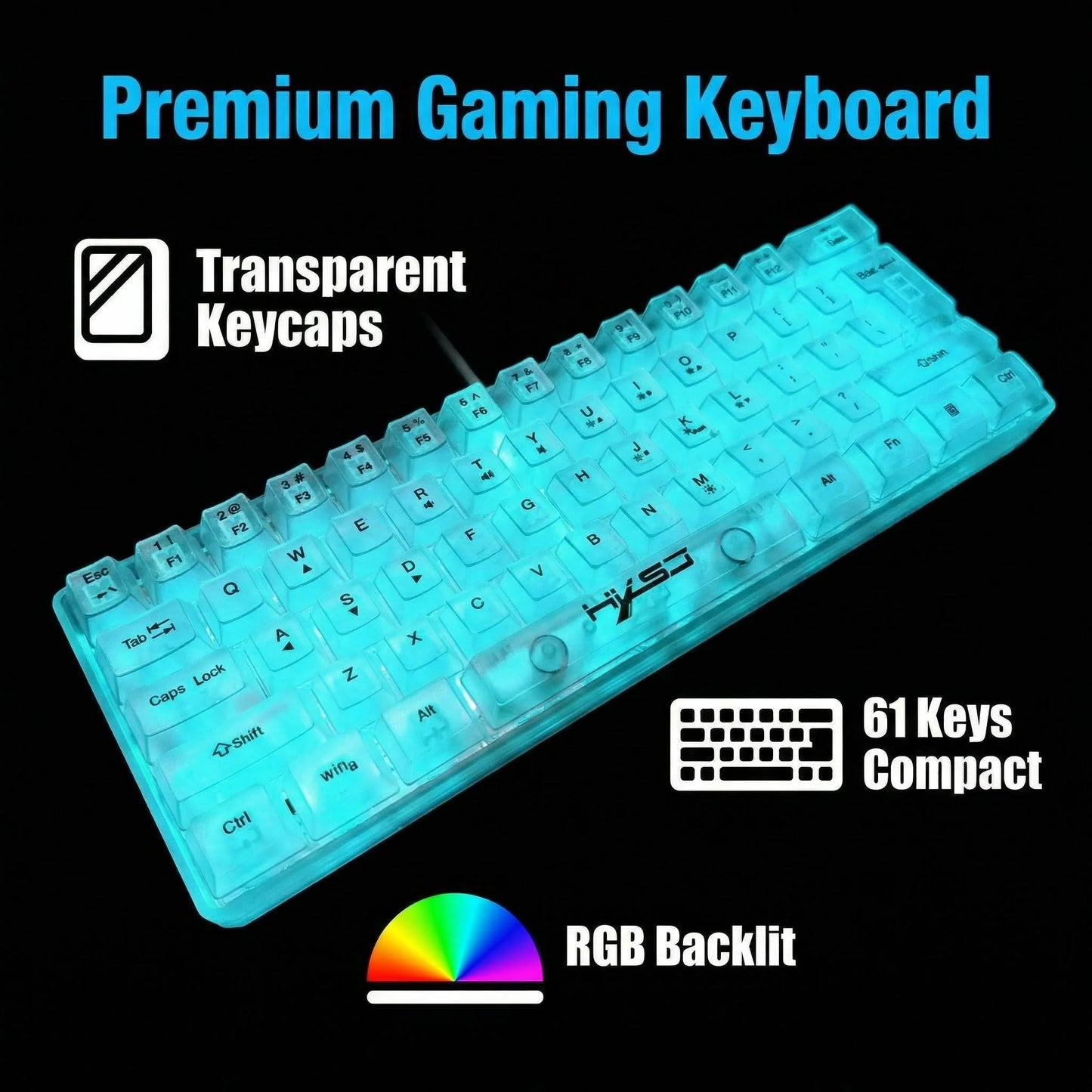 61-key fully transparent wired gaming keyboard with RGB backlight, ergonomic design, portable and ultra-compact 60% mini film keyboard