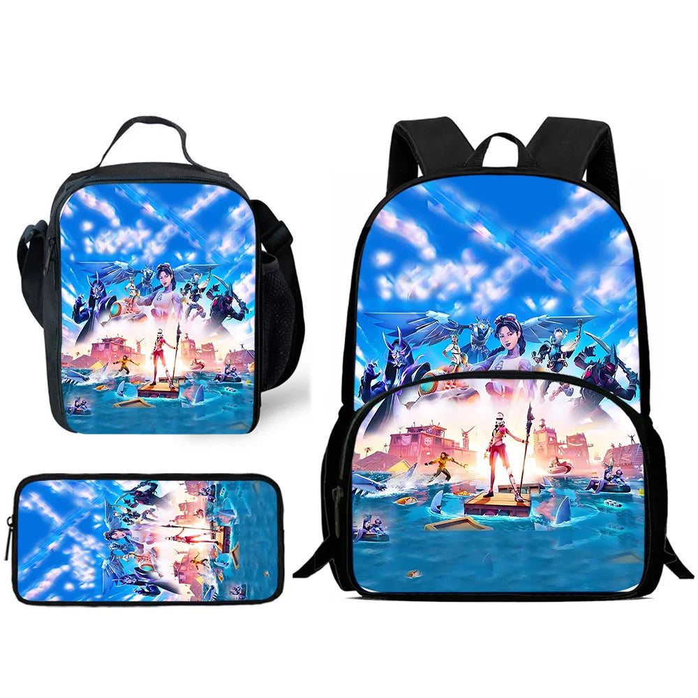 Klassisches FortniteS-Schulrucksack-Set für Kinder mit Lunchtasche und Federmäppchen, große Kapazität, für Jungen und Mädchen, ideales Geschenk