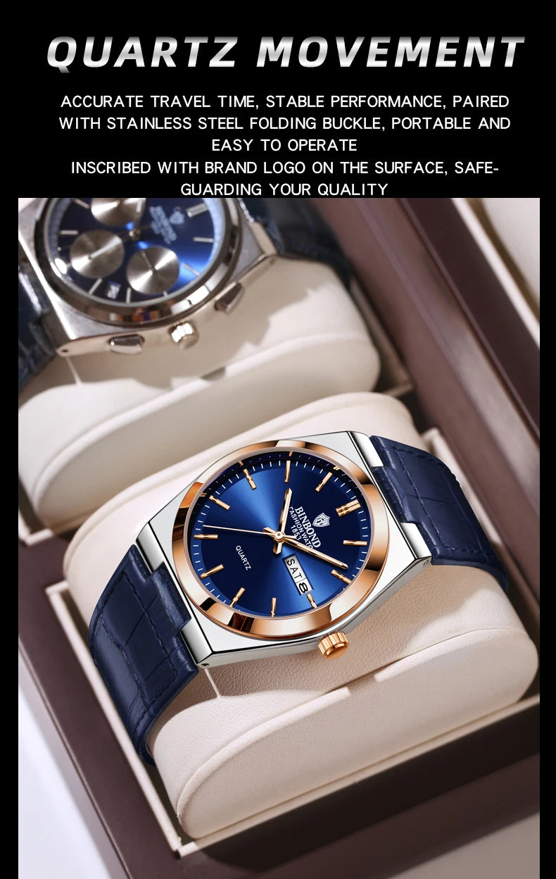 BINBOND Luxury leather strap quartz wristwatches precise luminous waterproof auto date week display durable men's watch reloj