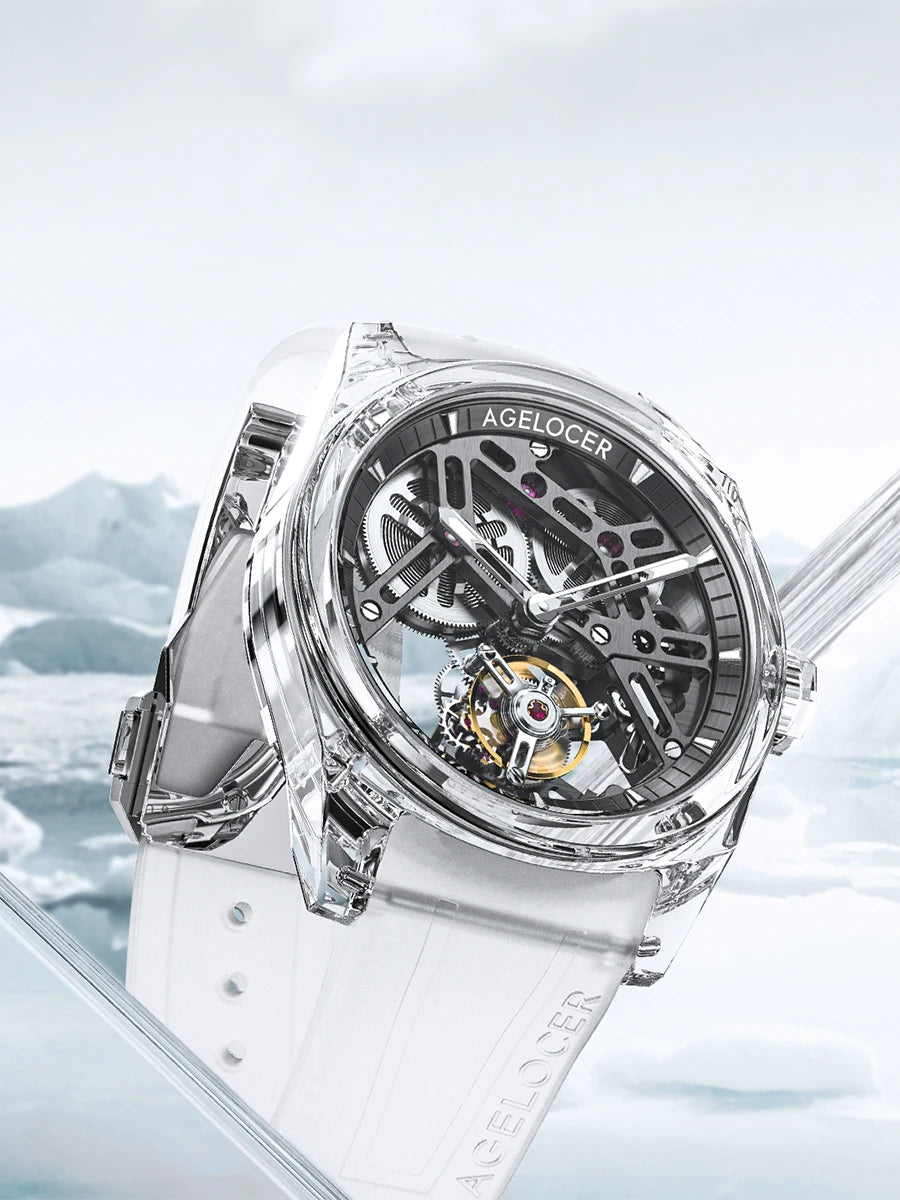 Orologio AGELOCER Limited Edition “Ice Never Melts” con tourbillon in cristallo a spirale libera, orologio meccanico manuale di lusso