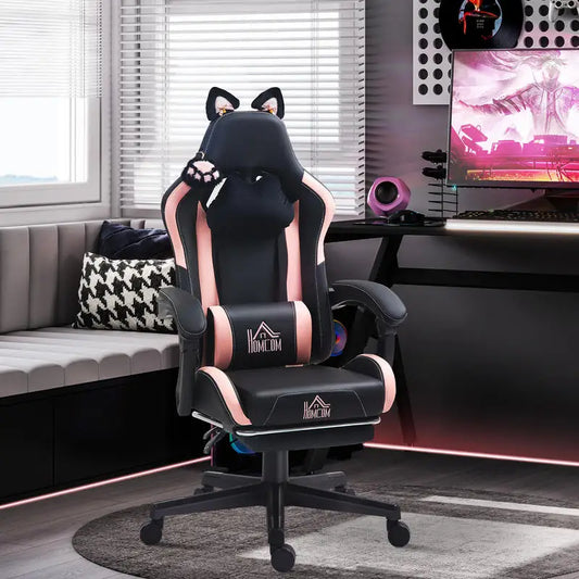 Cat Ear Gaming Chair 135° Reclining Height Adjustable Swivel Chair with Footrest PU Leather Lumbar Support Gaming Chair