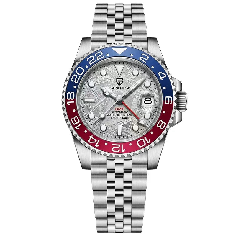 Montre mécanique pour homme PAGANI DESIGN (40 mm) – Cadran violet, fonction GMT, bracelet type Jubilee, verre saphir, étanche, mouvement automatique