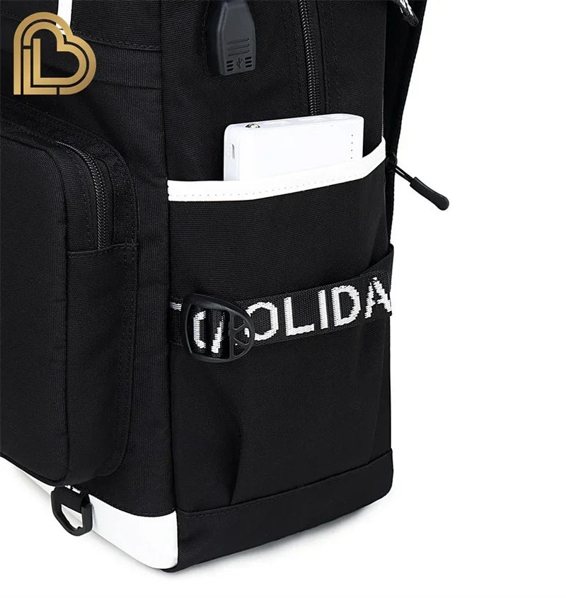 Mochila Yule Trooper F-Fortnited Battle Royale com carregamento USB, figuras anime e compartimento para material escolar para estudantes