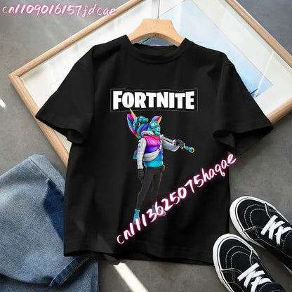 T-shirt preta em algodão para criança Fortnites Fortress Night, manga curta, estilo cartoon, para menino e menina, roupa de verão kawaii, top para oferta