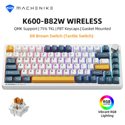 Machenike K600-B82W mechanische Gaming-Tastatur, Tri-Mode, Gasket-Mount, 75% ANSI-Layout, RGB-Hintergrundbeleuchtung, kabellos