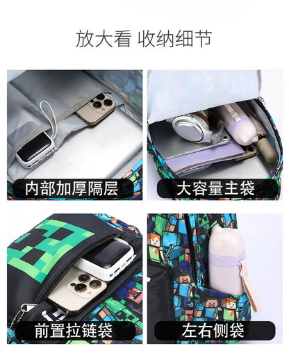 In Stock Minecraft Backpack Graffiti Print Lightweight School Backpack Casual Daily Travel Bag For Male Young Men Outdoor Use
