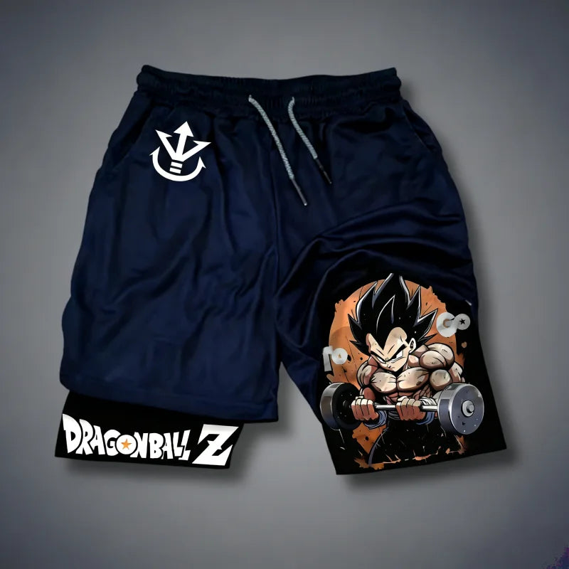 2026 Summer Dragon Ball Double Layer Sports Shorts for Men, Vegeta Gym Print, Quick Dry Fitness Workout Shorts, Oversized Y2k