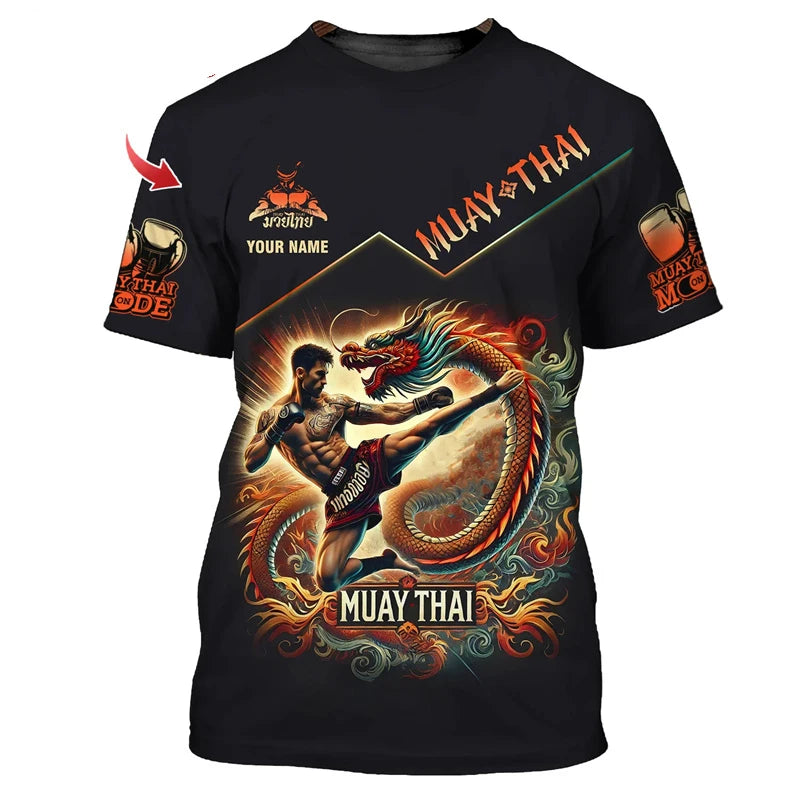 Kietas naujas „Muay Thai“ grafinis marškinėlis vyrams su 3D spausdintu tigro ir drakono piešiniu, individualizuotu vardu, vasaros sporto salės ir fitneso marškinėlis