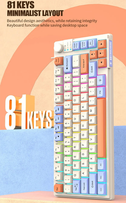 Teclado Gaming K81 com 81 Teclas, Layout 80%, Espanhol, Russo, Coreano e Árabe, USB com Fio, Luz RGB, Botão de Volume, Ergonómico