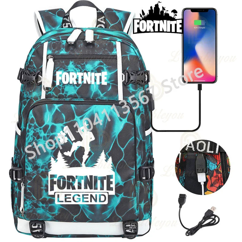 Mochila Yule Trooper F-Fortnited Battle Royale com carregamento USB, figuras anime e compartimento para material escolar para estudantes