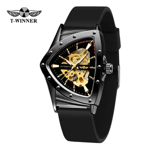 WINNER High Quality Watch for Men Triangle Steel Skeleton Mechanical Automatic Movement Clockwork Waterproof Rubber strap Wrist