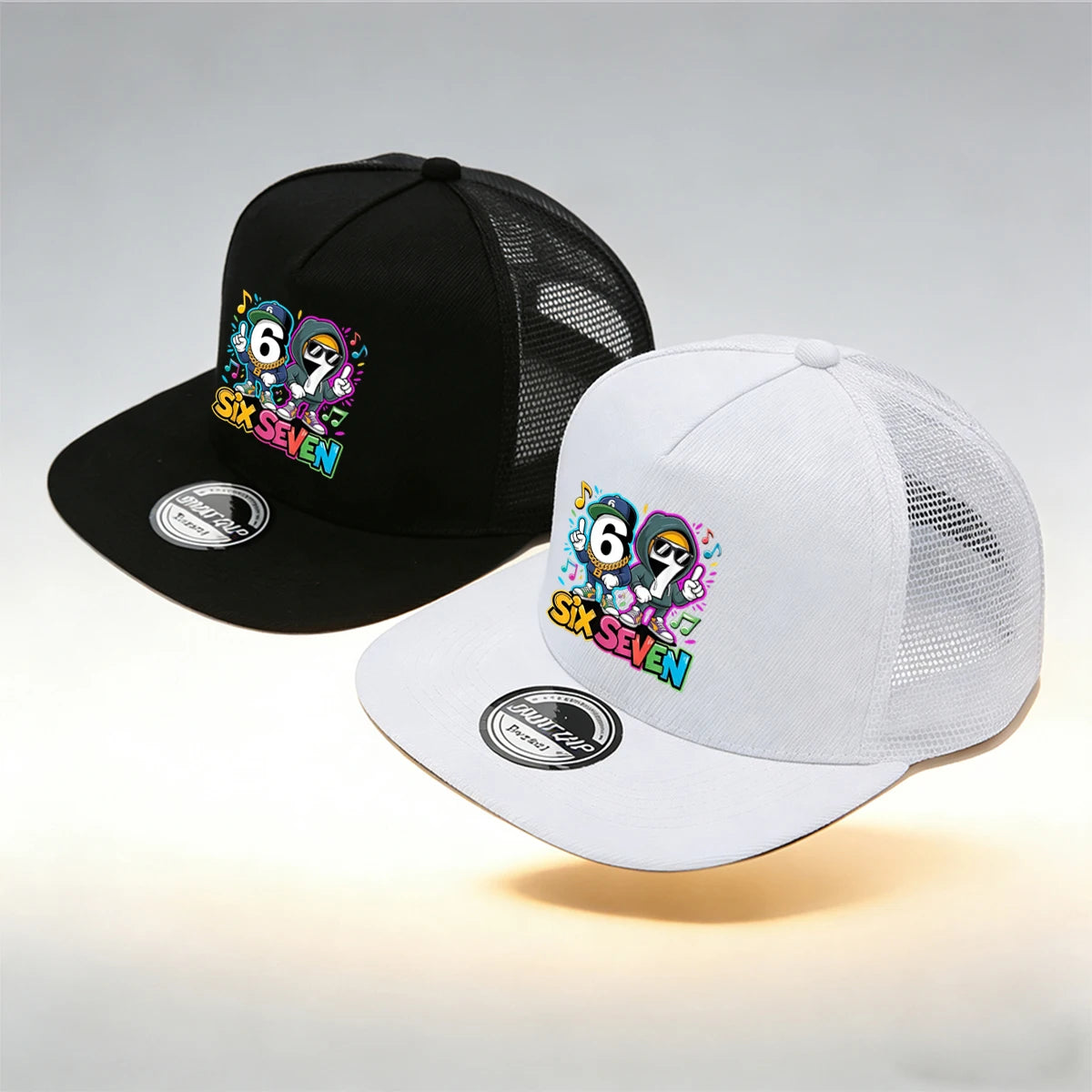 1/2PC Y2KSixSeven flat top truck driver hat, hip-hop cartoon print, breathable mesh, streetwear aesthetic hat
