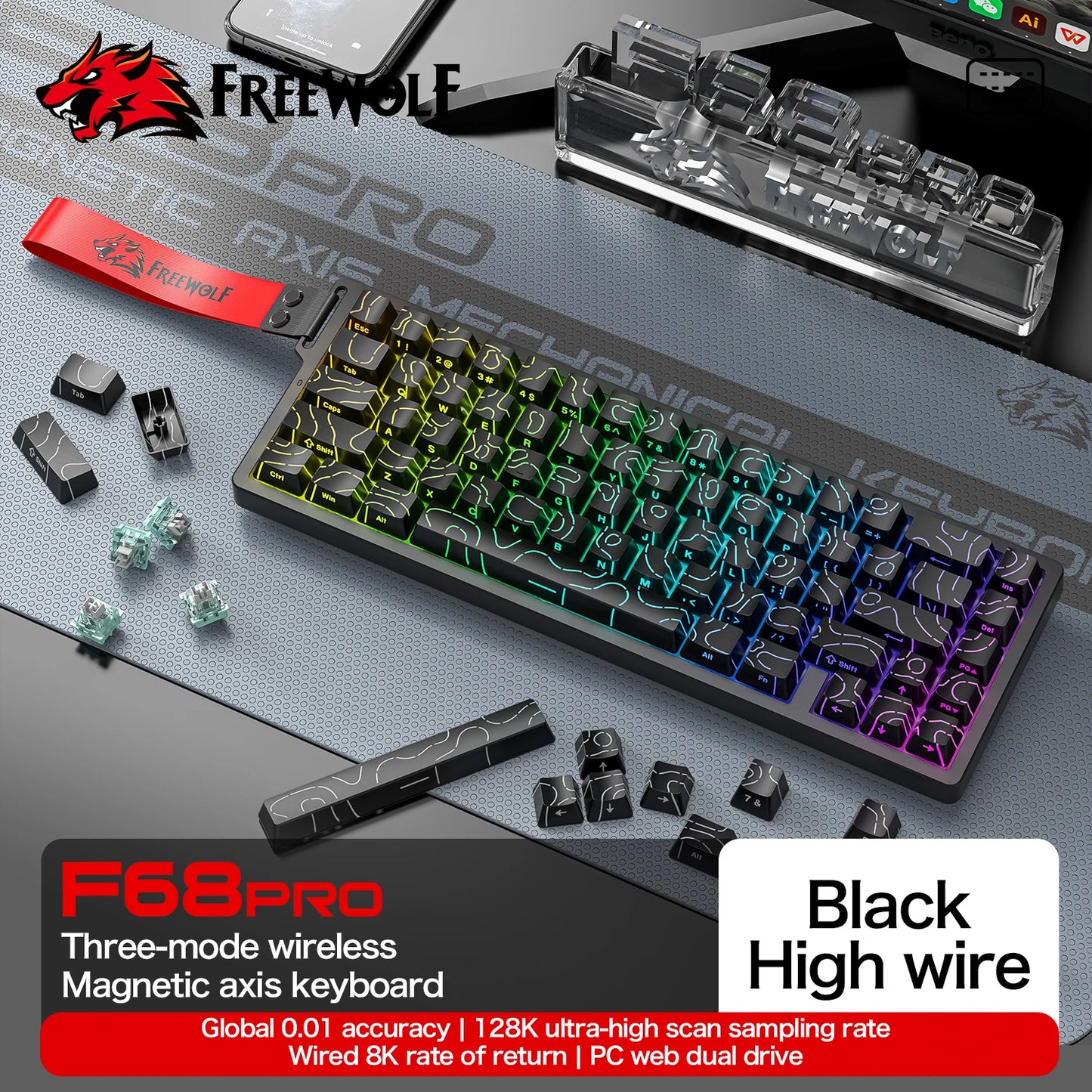 FREEWOLF F68 F68PRO Magnetic Gaming Keyboard Mechanical Wired for Pro Gaming 0.01mm Rapid Trigg 8000Hz SOCD/RS 0.1ms 128K Rate