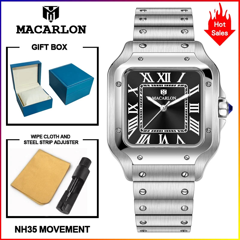 2026 New MACARLON Design 38mm Mechanical Watch Men's Sapphire Glass Luminous Stainless Steel Waterproof China NH35 Automatic Watch
