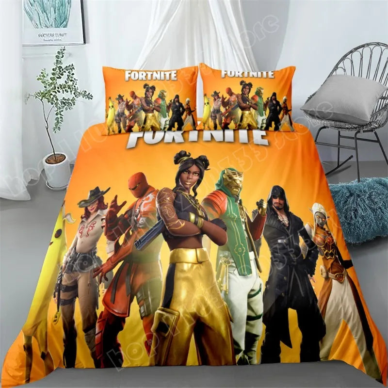 Fortnite-Bettwäsche-Set, 3-teilig, 3D-Druck, Bettwäsche für Schlafzimmer, Gaming-Cartoon-Dekor, Bettbezug und Kissenbezug, Geburtstagsgeschenk