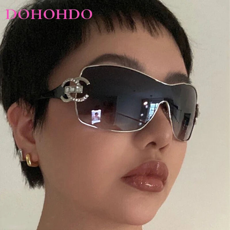 Luxury Rhinestone Punk Oversized One - Piece Frame Y2K Women's Sunglasses Trendy Brand Summer Men Sunglass Travel  Eyewear UV400