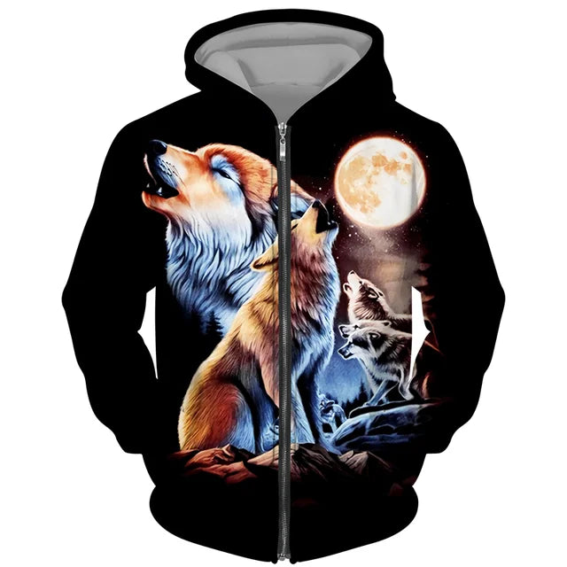 Sweat à capuz com fecho e estampado 3D de lobo, estilo streetwear, para homem/mulher, casaco com capuz unissexo casual hip-hop