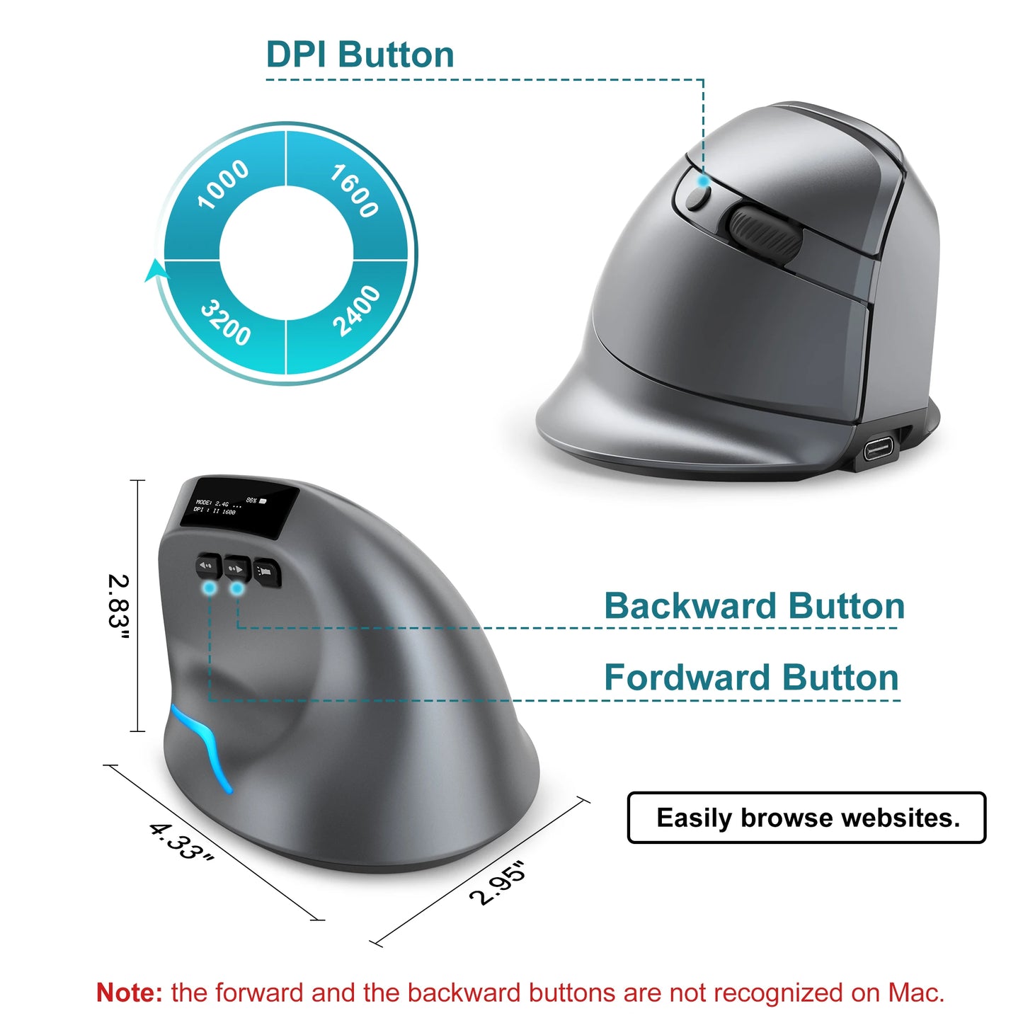 Lefon F26C Vertical Mouse, Wireless with OLED Screen, Bluetooth Ergonomic Mouse, Optical Rechargeable Gaming Mice for PC Laptop