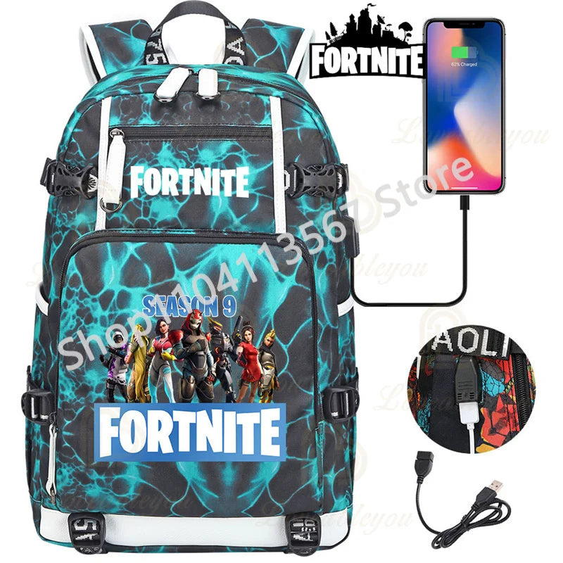 Ultima Knight F-Fortnited Battle Royale Rucksack mit USB-Ladeanschluss, Anime-Figuren und Studienfach für Schreibwaren für Schüler