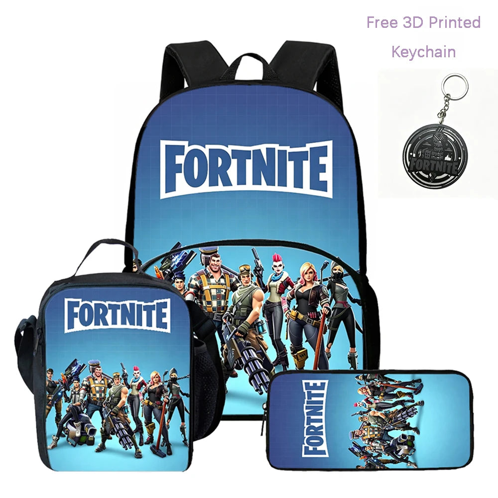 Zaino FORTNITE leggero 3 pezzi con tasca frontale, borsa pranzo, astuccio e portachiavi 3D stampato gratuito per bambini e bambine dai 5 ai 10 anni