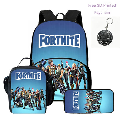 Zaino FORTNITE leggero 3 pezzi con tasca frontale, borsa pranzo, astuccio e portachiavi 3D stampato gratuito per bambini e bambine dai 5 ai 10 anni