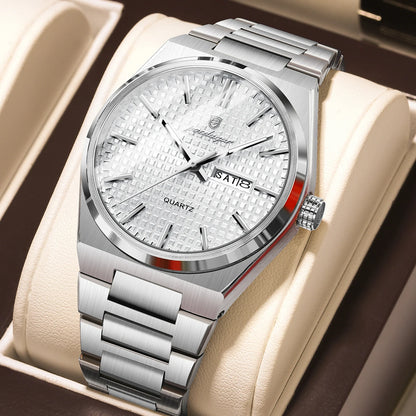 POEDAGAR luxury men’s wristwatch, water-resistant, luminous, stainless steel, with date and day of the week, quartz movement, business style.