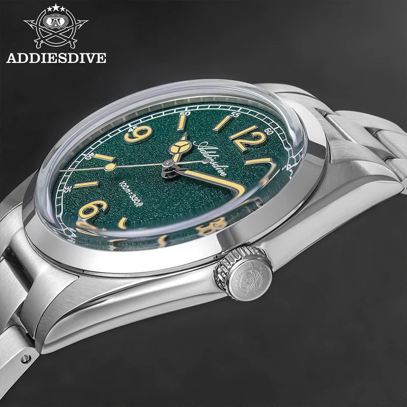Relógio para homem ADDIESDIVE 36mm em destaque AD2518 com vidro espelhado convexo, aço inoxidável 316L, Reloj Hombre, 100m à prova de água, quartzo