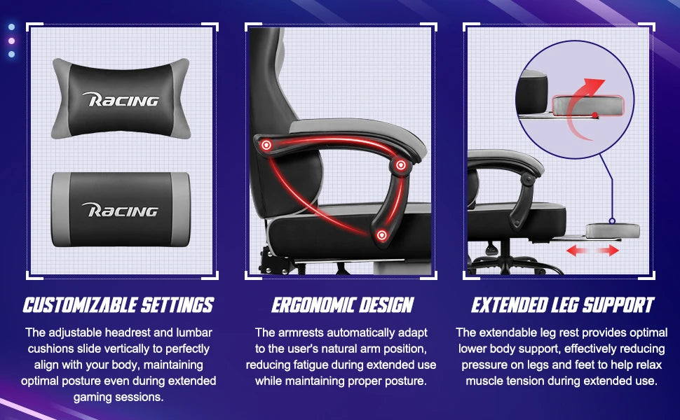 AUTHMIC Ergonomic Gaming Chair with 170° Reclining Backrest, Footrest, Adjustable Armrests, Breathable Fabric, Premium Gamer Chair
