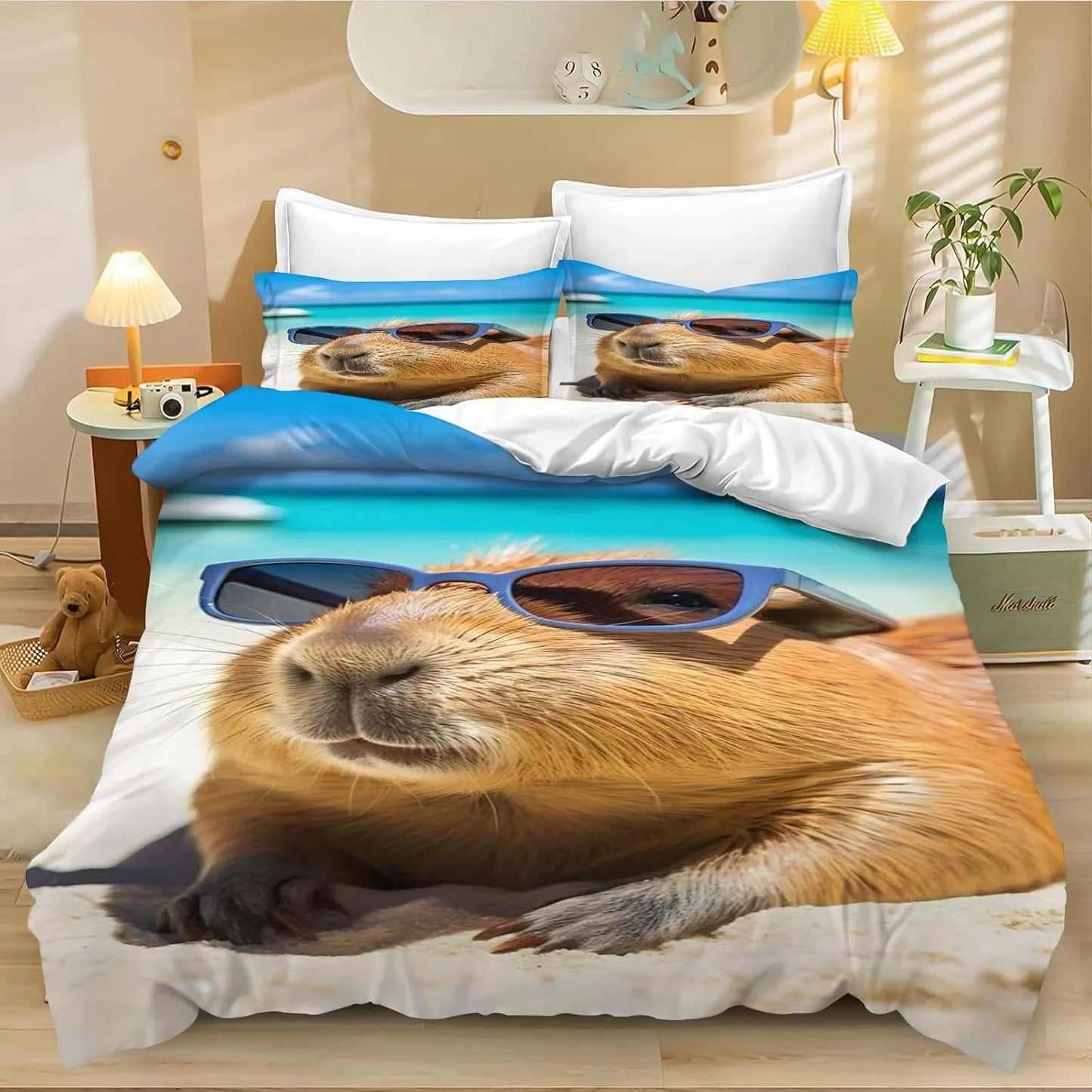 4-teiliges Cartoon-Capybara-Bettwäsche-Set mit Bettbezug und Kissenbezug, Capybara-Bettwäsche für Erwachsene, Jungen und Mädchen, Schlafzimmerdekoration für Kinder, Einzel- und Doppelgröße
