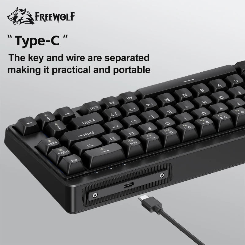 FREEWOLF M68SE Teclado Mini com Fio de 68 Teclas, Retroiluminação RGB, Type-C, Layout 68%, Compacto para Gaming, Escritório, PC e Portátil