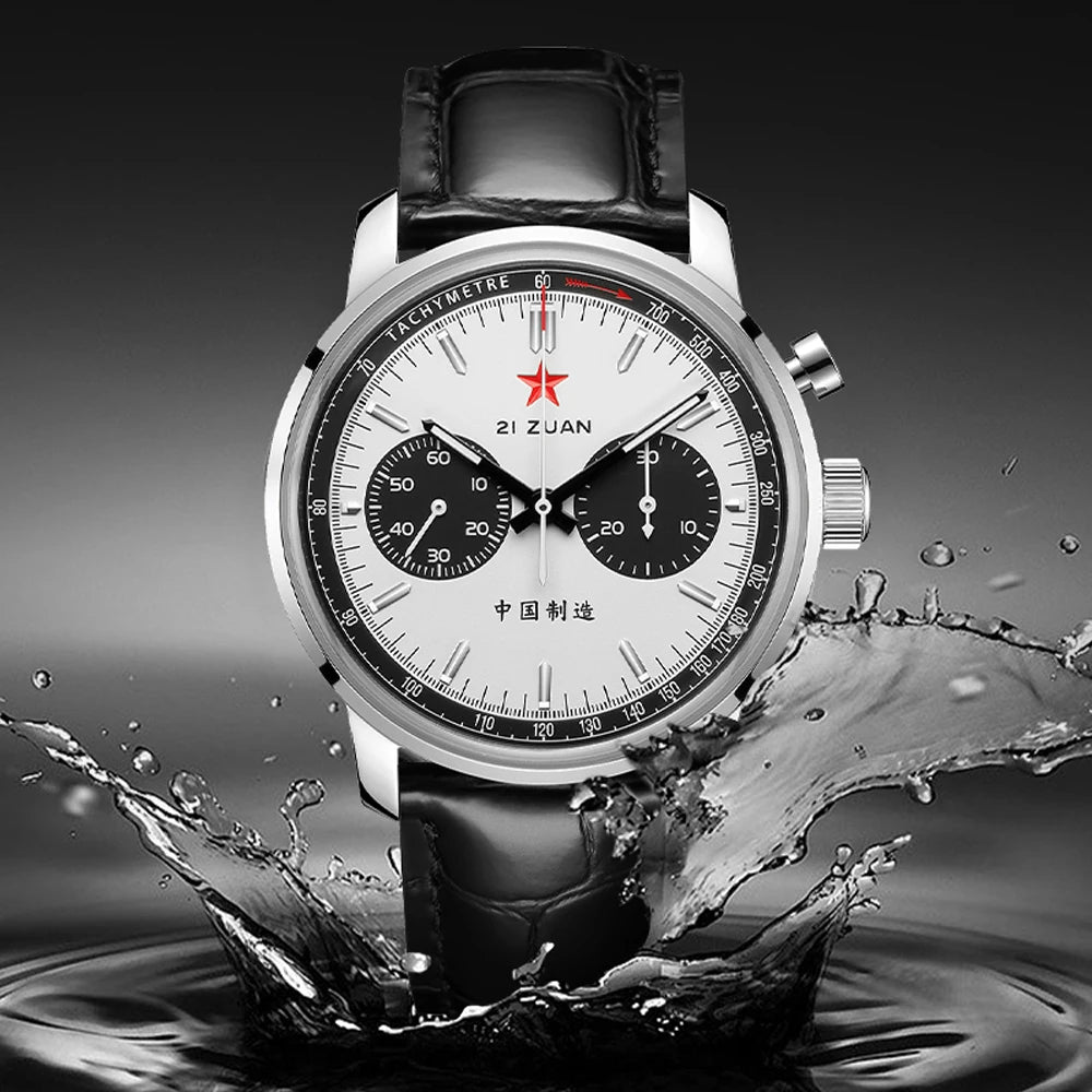 Red Star Panda Men's 1963 Chronograph Mechanical Wristwatch Seagull ST1901 Movement Gooseneck 40mm Luminous Sapphire Pilot Watch