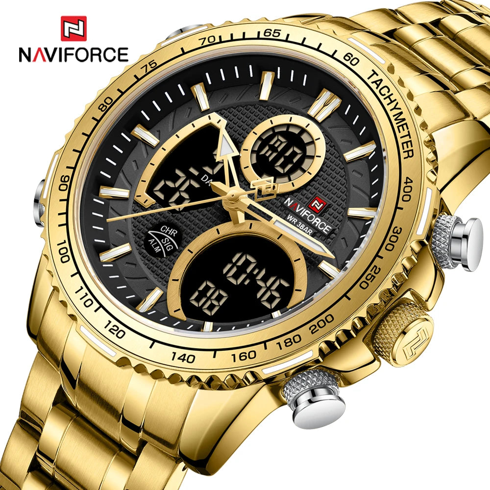 Мъжки спортен часовник NAVIFORCE – Оригинален луксозен ръчен часовник от неръждаема стомана, водоустойчив модел във военен стил с двойно показване