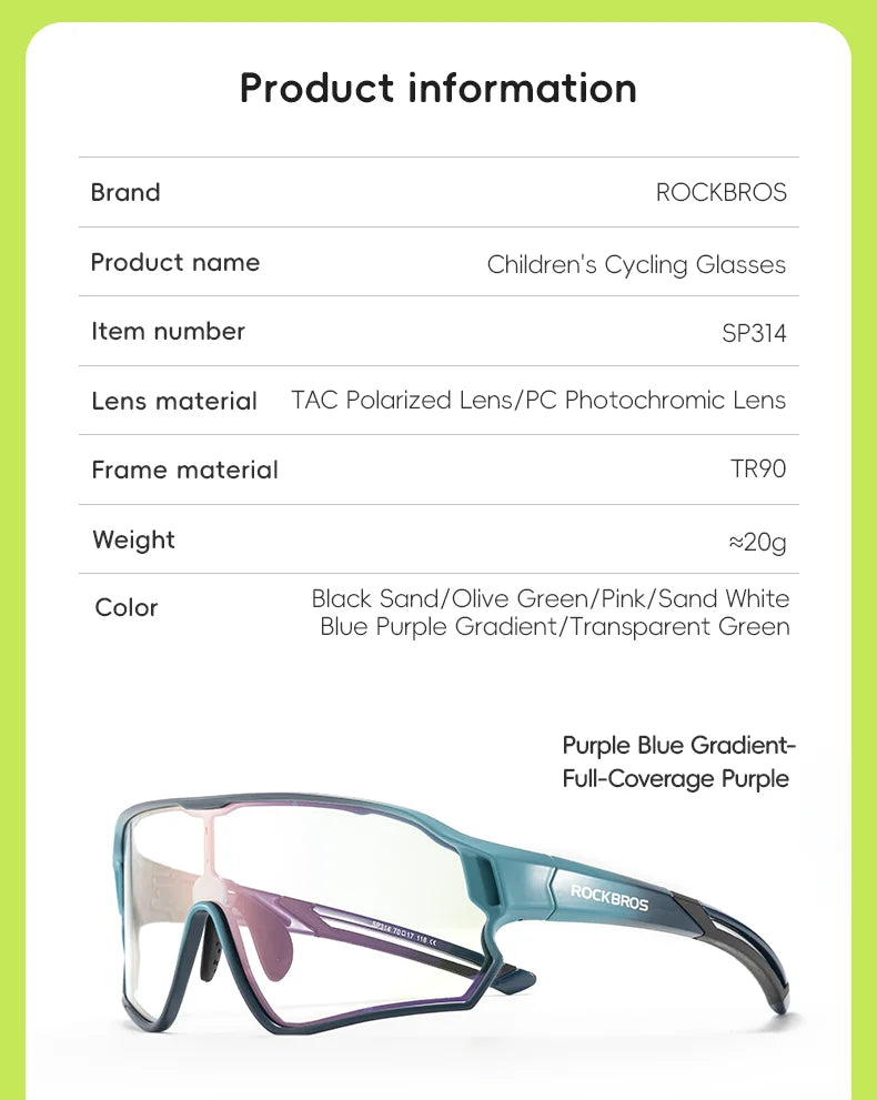 ROCKBROS Kids Polarized Photochromic Cycling Glasses UV400 Protection Outdoor Sports Sunglasses Child MTB Bicycle Eyewear