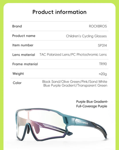 ROCKBROS Kids Polarized Photochromic Cycling Glasses UV400 Protection Outdoor Sports Sunglasses Child MTB Bicycle Eyewear