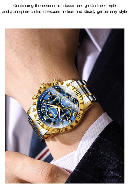 Relógio de Homem 2026 em Aço, Luxo Discreto, Business, Fase da Lua, Noite Estrelada, Luminoso, Resistente à Água, Quartzo, Presente de Moda Masculina
