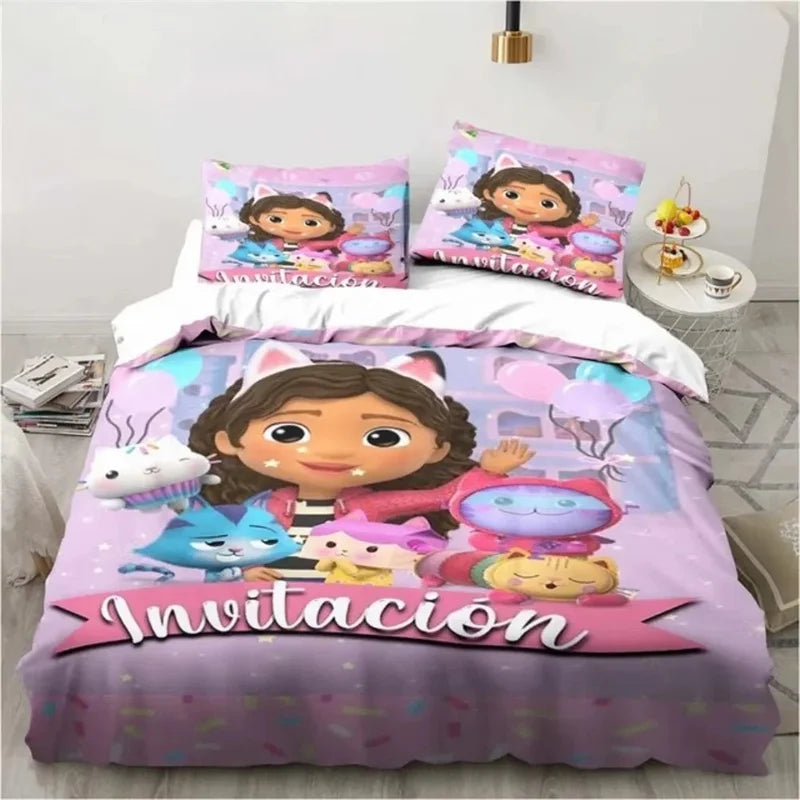 Gabbys Dollhouse 3D-gedrucktes Bettwäsche-Set mit Bettbezug und Kissenbezug, Twin Full King, für Kinder und Erwachsene, Schlafzimmer