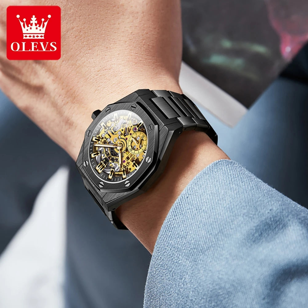OLEVS Watches Luxury Man High Quality Original Fully Skeleton Automatic Mechanical Watch Stainless Steel Men Watches Gifts Box